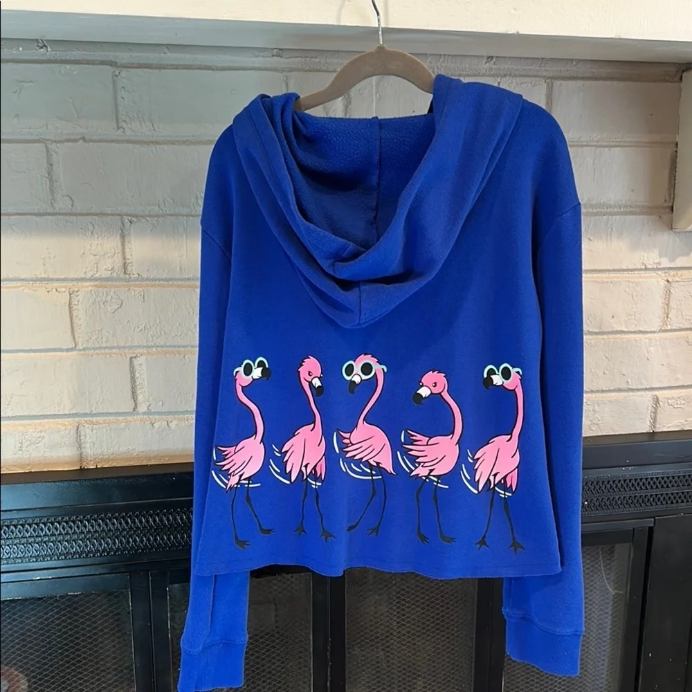 Justice👧🏻💕Sz12 Blue and Pink Crew Neck Sweater with Festive Flamingo Design